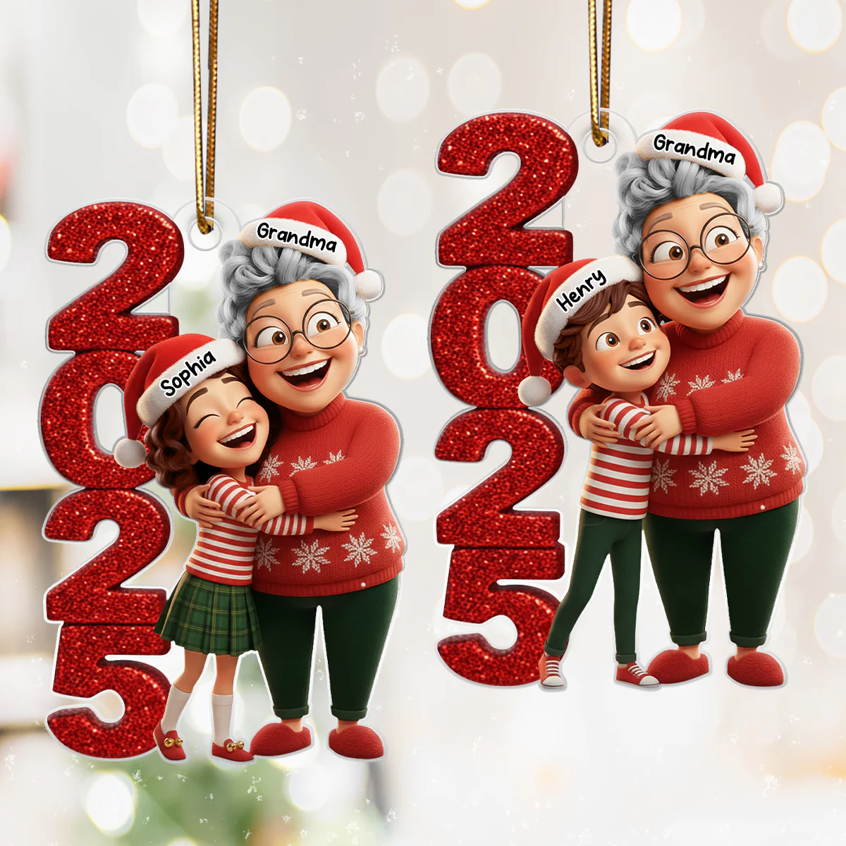 3D Glitter Effect Happy Grandma Hugging Grandkid 2025 - Personalized Acrylic Ornament - Christmas Gift for Grandma, Grandkid - Image 4