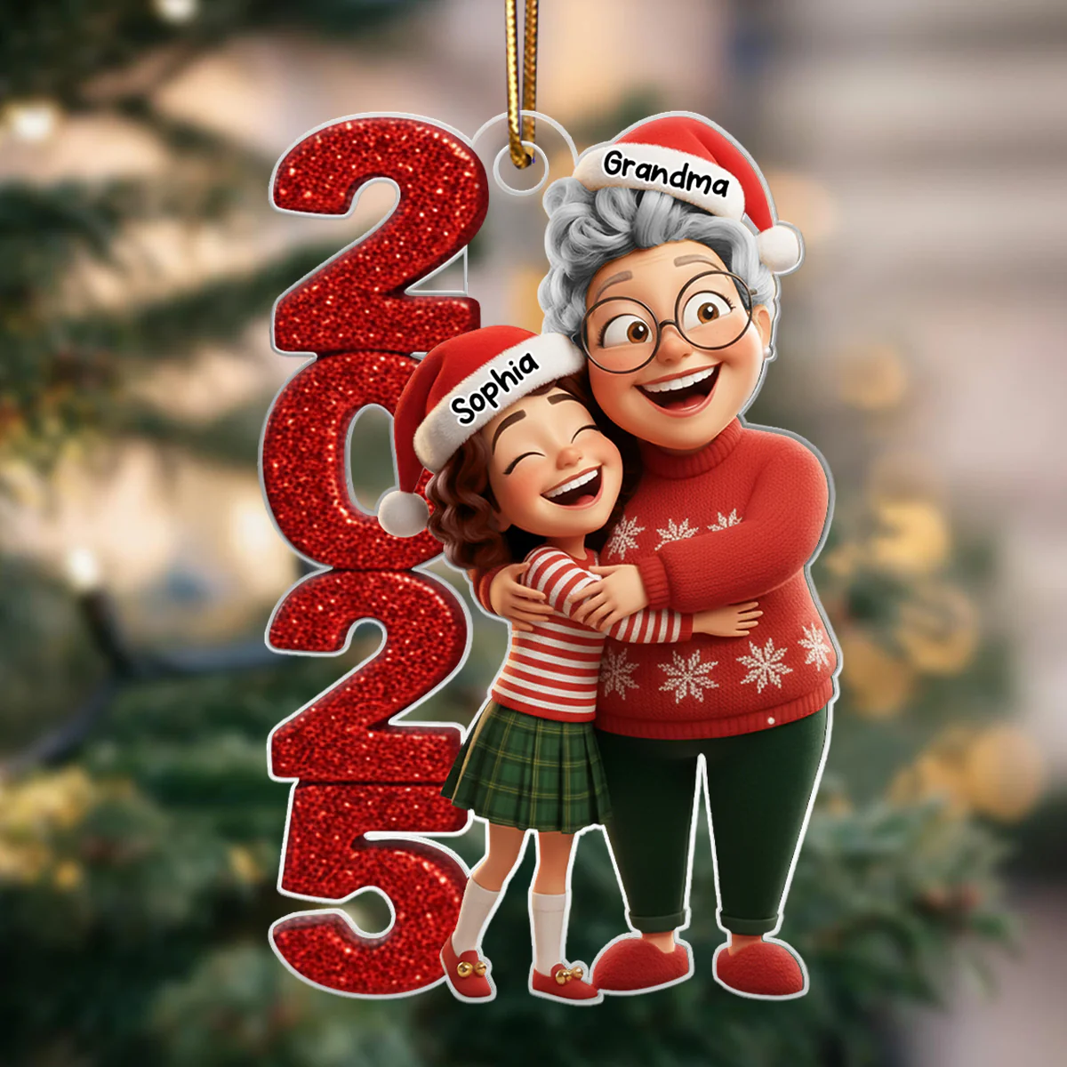 3D Glitter Effect Happy Grandma Hugging Grandkid 2025 - Personalized Acrylic Ornament - Christmas Gift for Grandma, Grandkid - Image 6