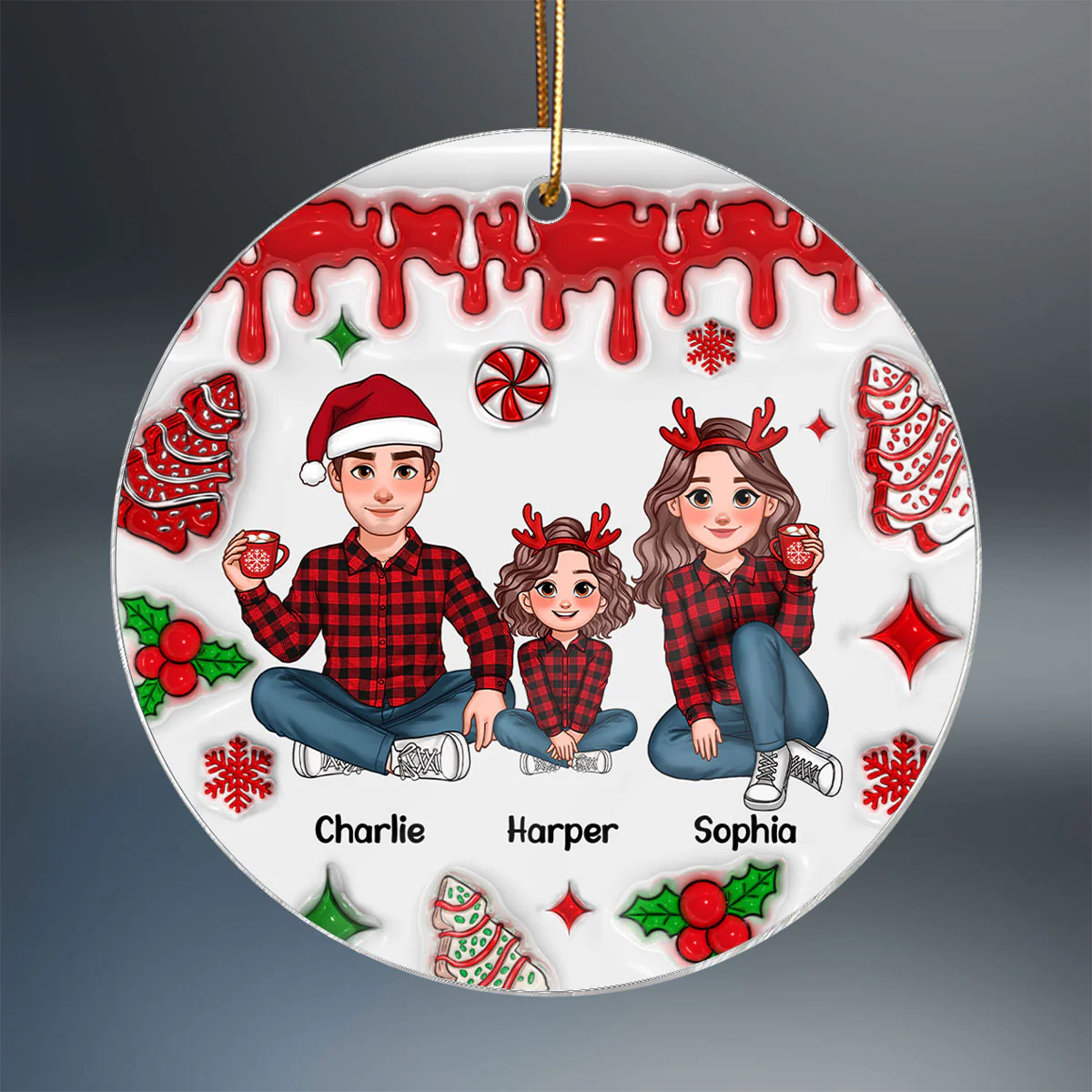 3D Inflated Effect Animated Family Christmas Cake Personalized Acrylic Ornament, Christmas Decoration, Christmas Gift For Family - Image 2