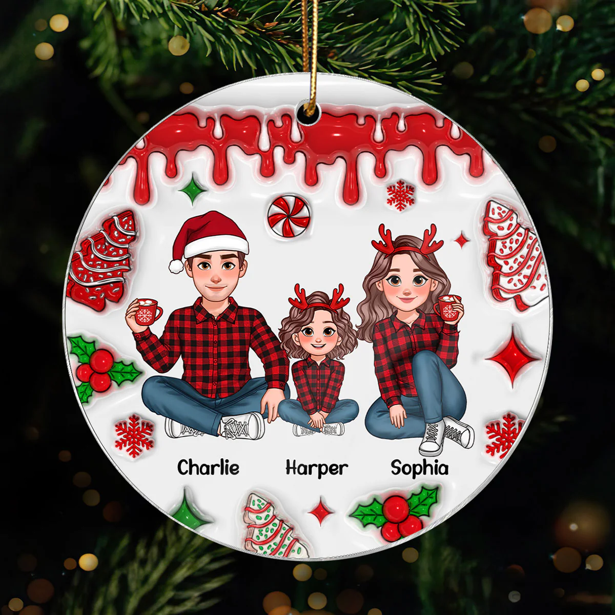 3D Inflated Effect Animated Family Christmas Cake Personalized Acrylic Ornament, Christmas Decoration, Christmas Gift For Family - Image 3