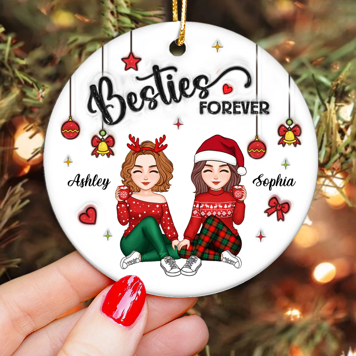 3D Inflated Effect Gorgeous Besties Forever Personalized Ceramic Ornament, Christmas Gift For Best Friends - Image 3