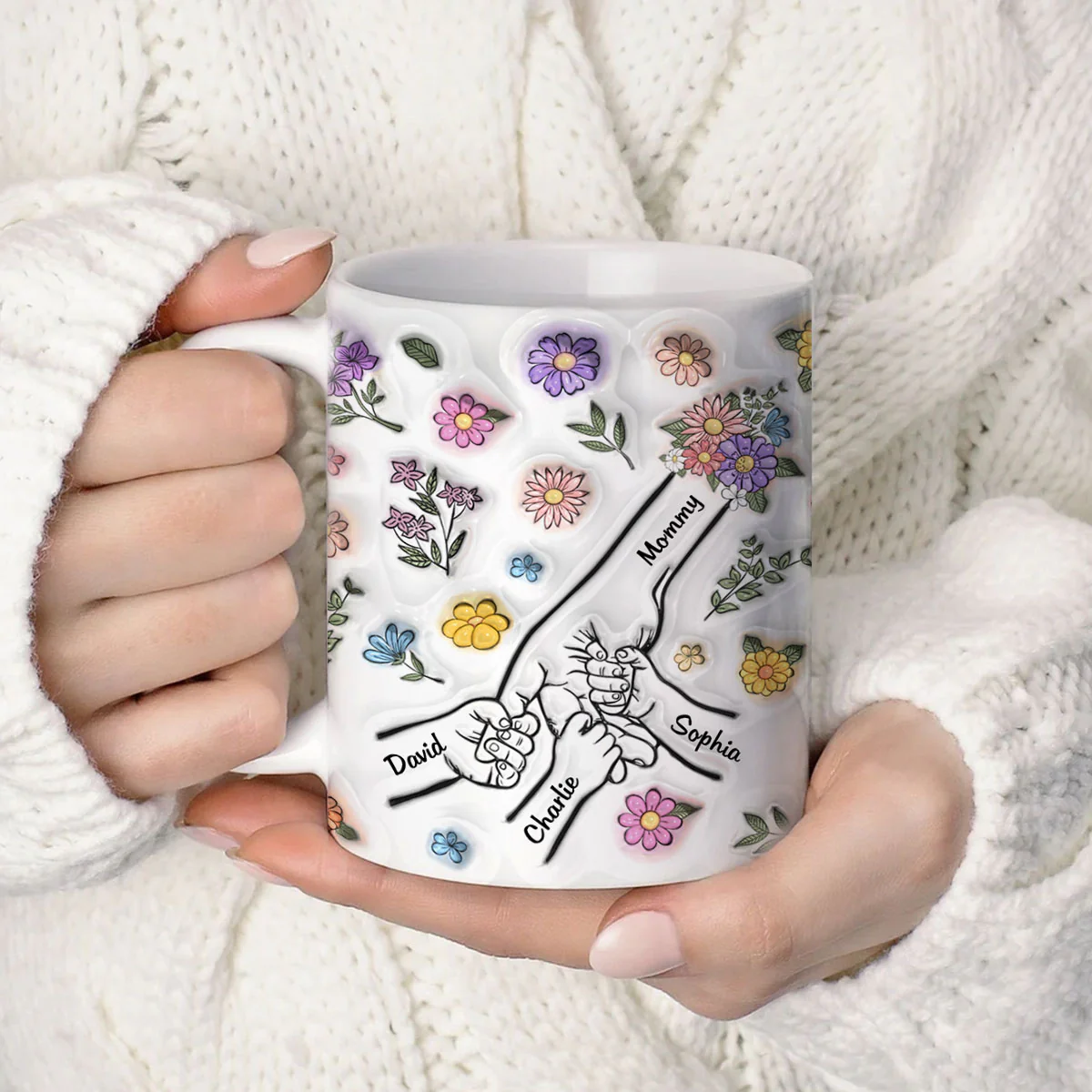 3D Inflated Effect Mother Children Hands Personalized Mug, Heartfelt Gift for Mom - Image 4