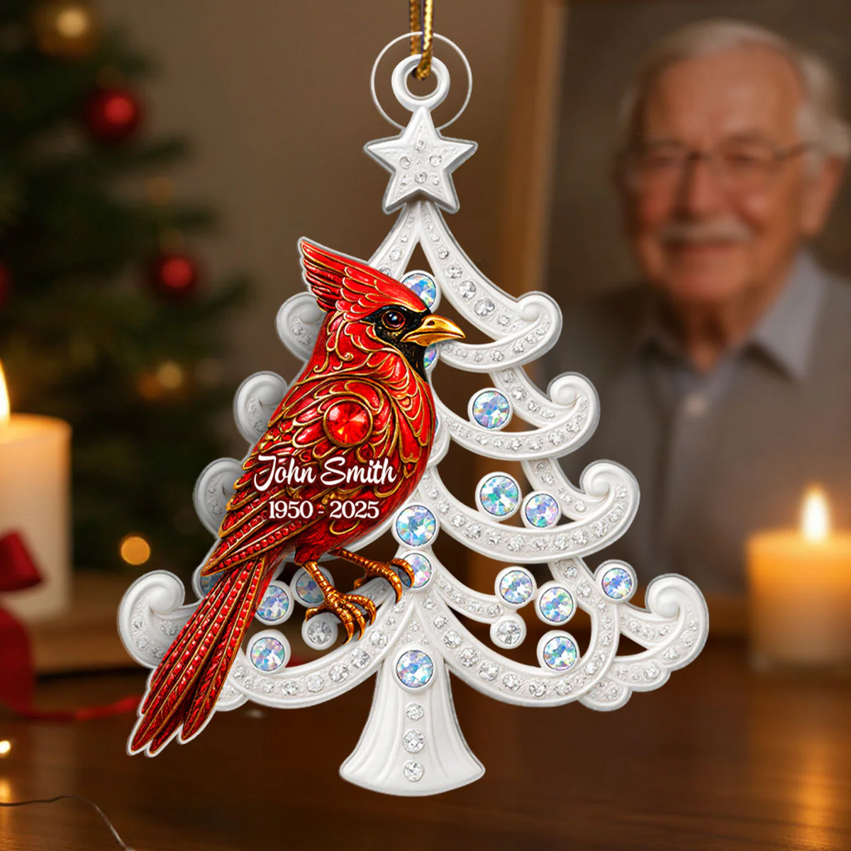 3D Metal Red Cardinal On Christmas Tree - Personalized Acrylic Ornament - Sympathy Christmas Gift For Loss Of Loved Ones - Image 3