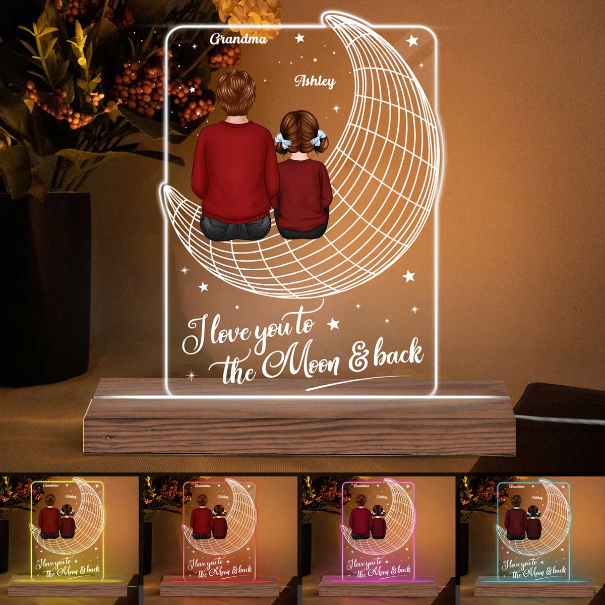 3D Moon Grandma Grandkids Personalized Acrylic LED Lamp Night Light