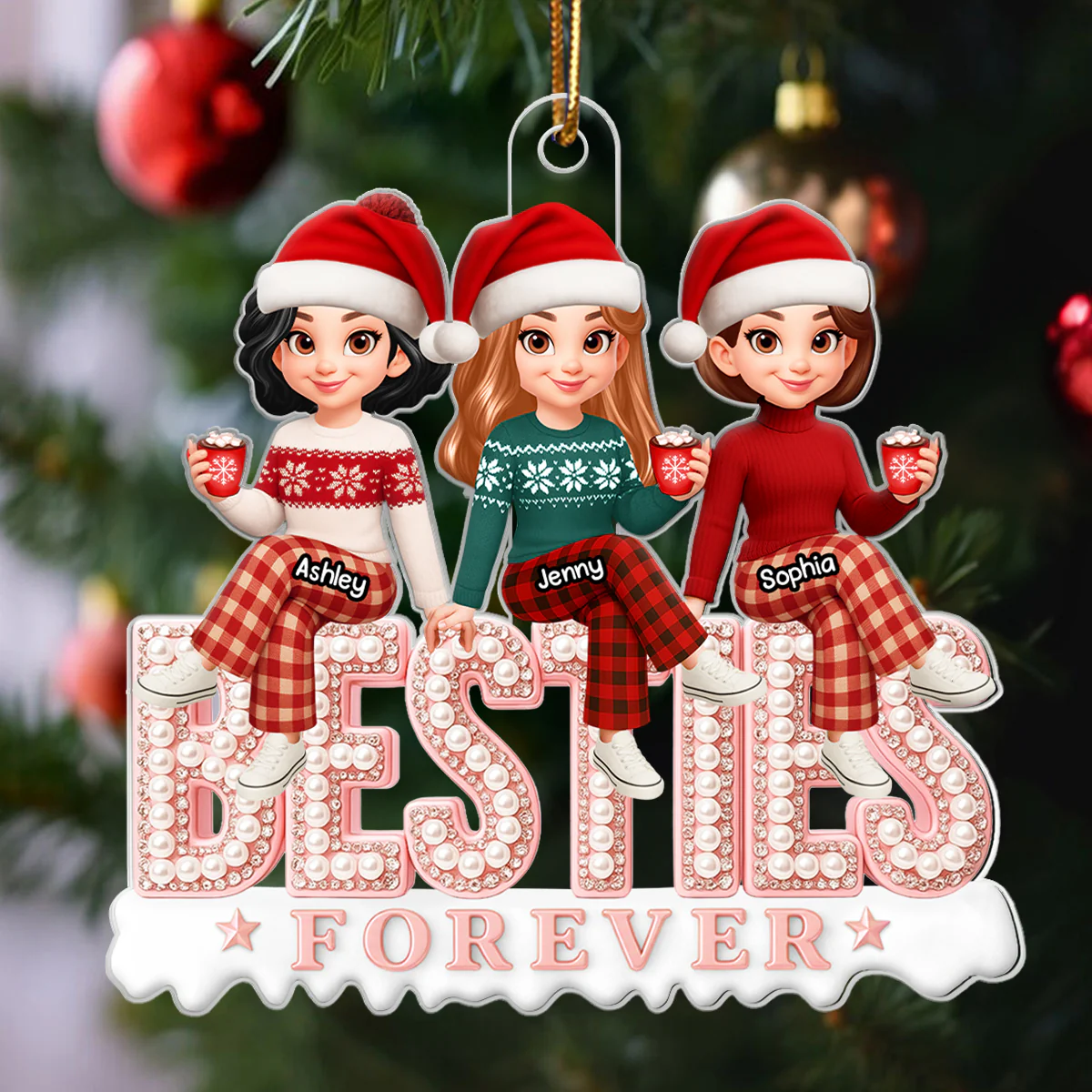 3D Pearl Rhinestone Besties - Personalized Acrylic Ornament - Christmas Gift for Best Friends - Image 8