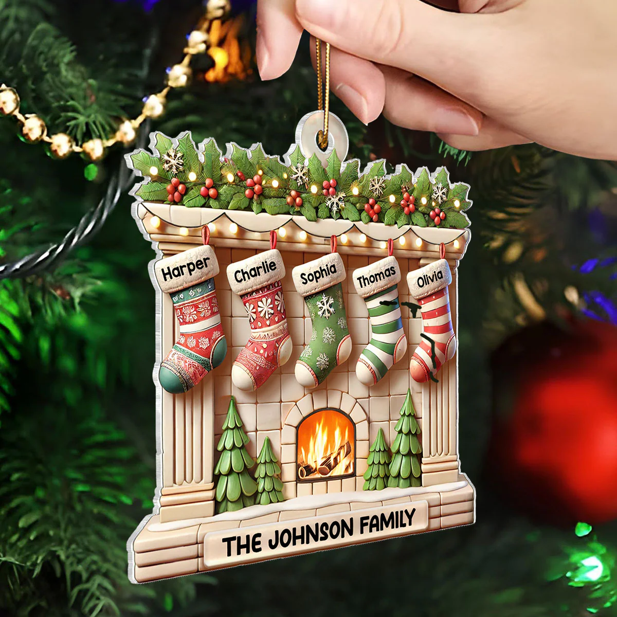 Realistic Family Christmas Stockings On Mantel 3D Effect Personalized Acrylic Ornament - Image 4