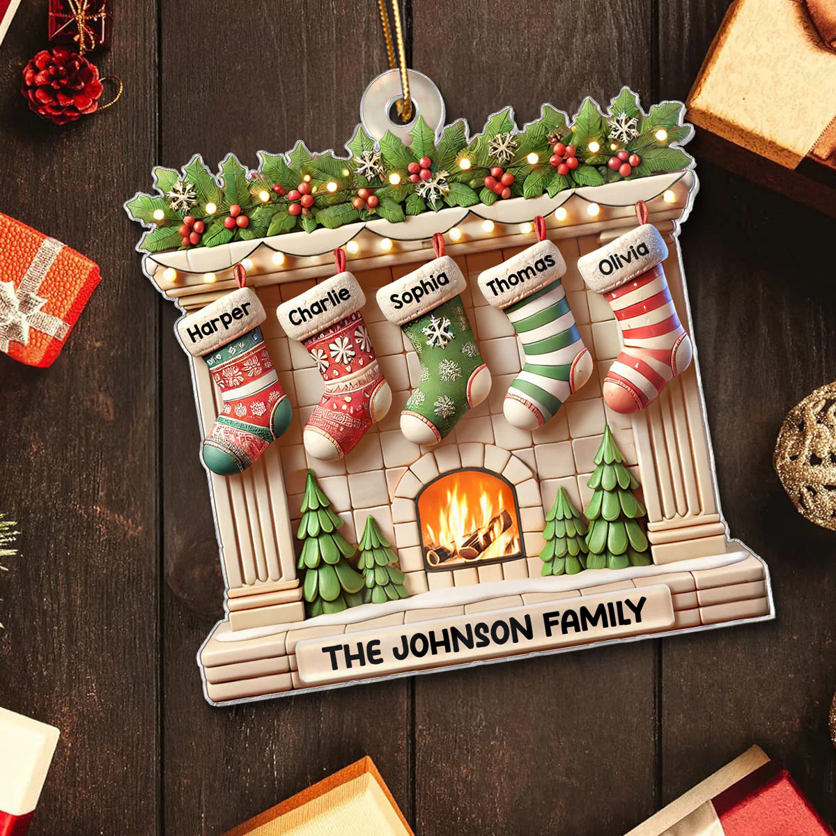 Realistic Family Christmas Stockings On Mantel 3D Effect Personalized Acrylic Ornament - Image 5