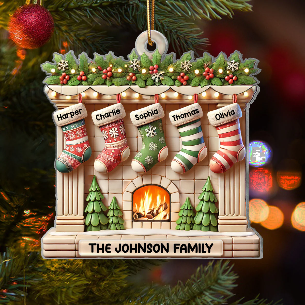 Realistic Family Christmas Stockings On Mantel 3D Effect Personalized Acrylic Ornament - Image 7