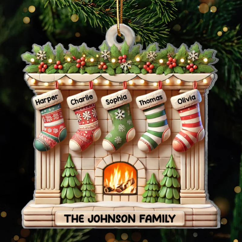 Realistic Family Christmas Stockings On Mantel 3D Effect Personalized Acrylic Ornament - Image 8
