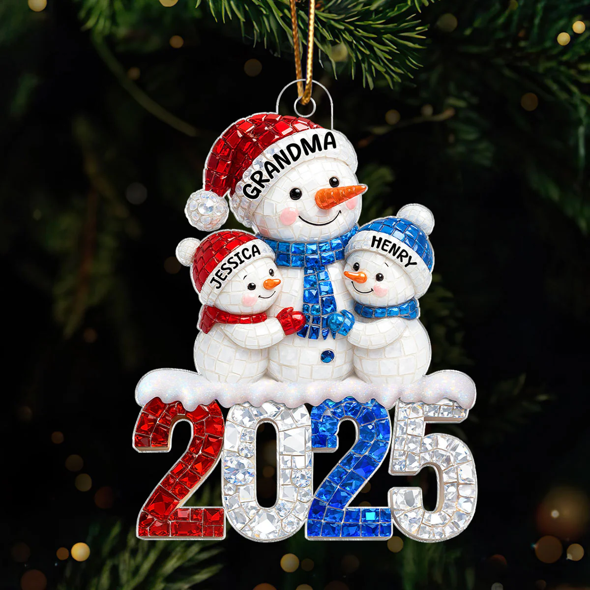 3D Rhinestone Effect Snowman Grandma Grandkids - Personalized Acrylic Ornament - Christmas Gift for Grandmas - Image 3