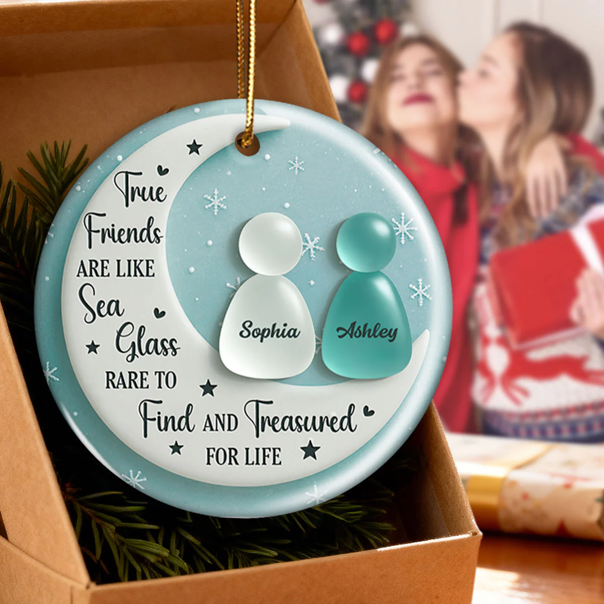 3D Sea Glass Effect Besties On Moon - Personalized Ceramic Ornament With Acrylic Pieces - Unique Gift For Best Friends - Image 4