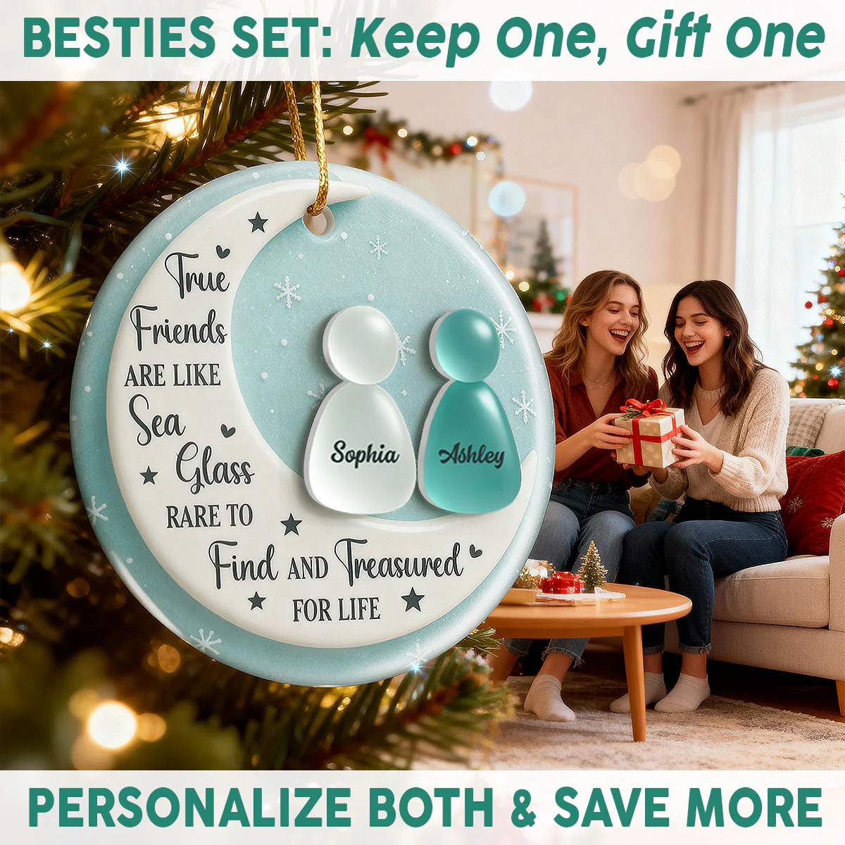 3D Sea Glass Effect Besties On Moon - Personalized Ceramic Ornament With Acrylic Pieces - Unique Gift For Best Friends - Image 6