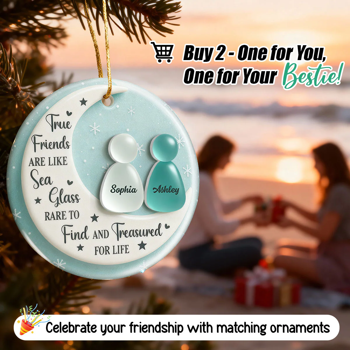 3D Sea Glass Effect Besties On Moon - Personalized Ceramic Ornament With Acrylic Pieces - Unique Gift For Best Friends - Image 7