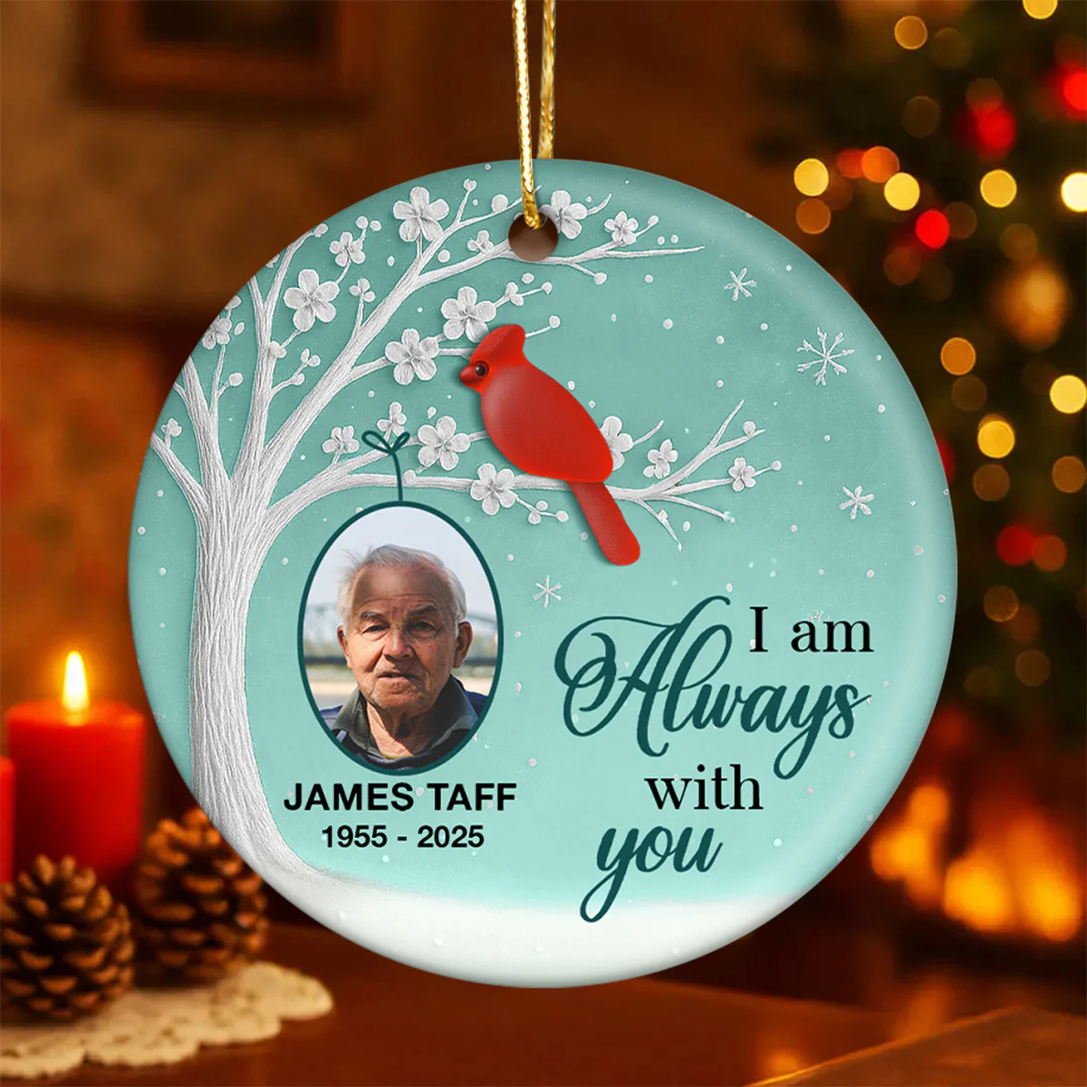 3D Sea Glass Effect Blossom Tree Cardinal Christmas Memorial Upload Photo - Personalized Ceramic Ornament