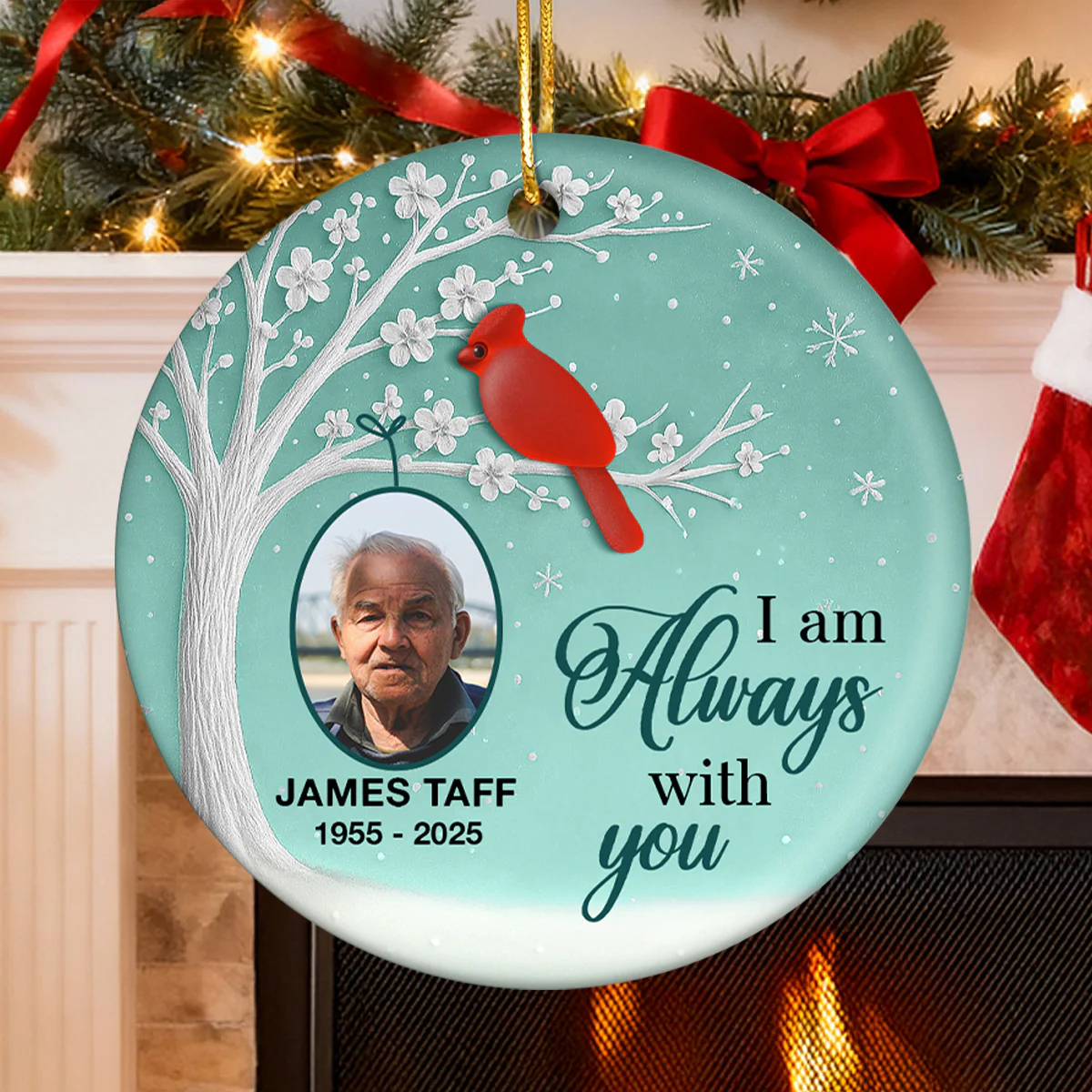 3D Sea Glass Effect Blossom Tree Cardinal Christmas Memorial Upload Photo - Personalized Ceramic Ornament - Image 3