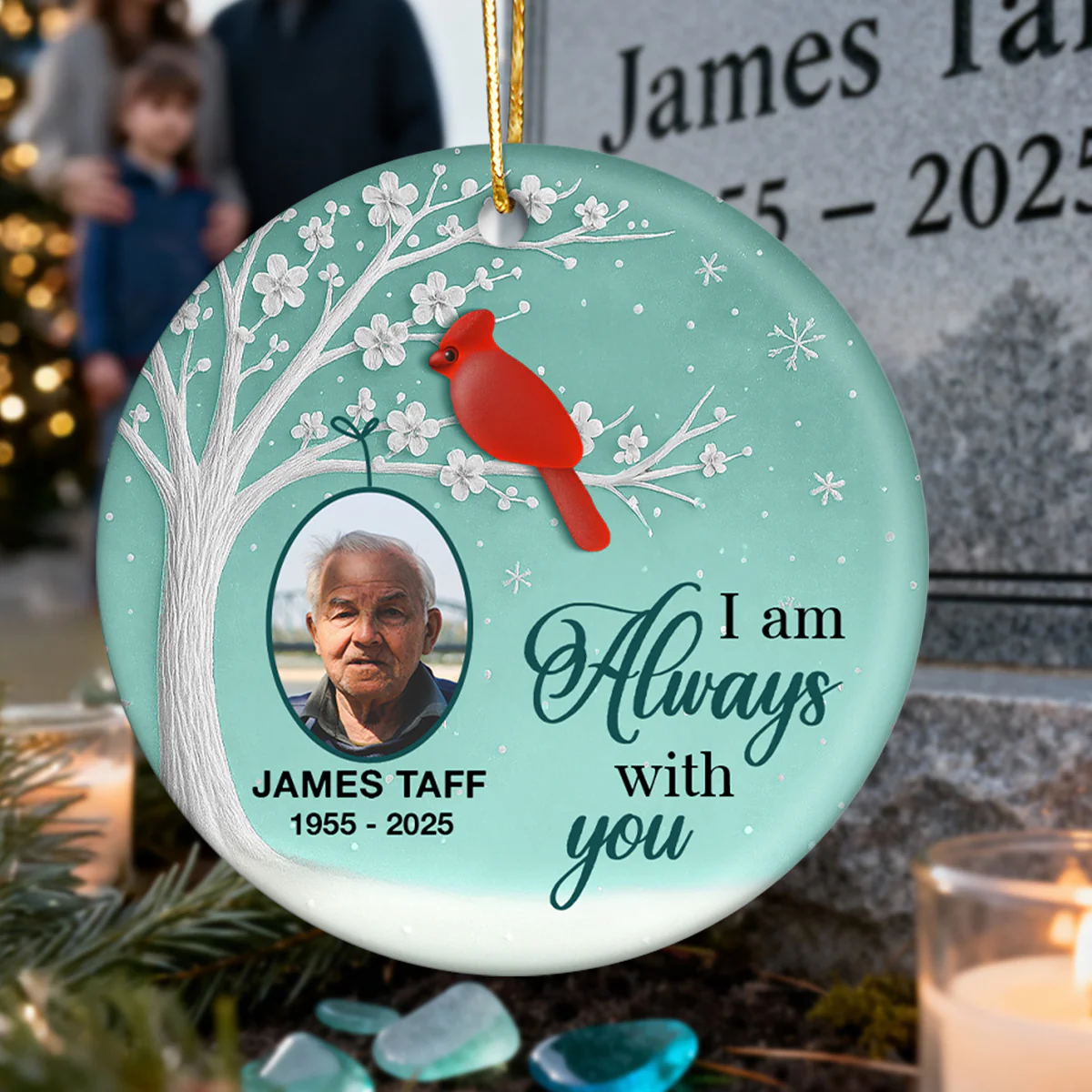 3D Sea Glass Effect Blossom Tree Cardinal Christmas Memorial Upload Photo - Personalized Ceramic Ornament - Image 5