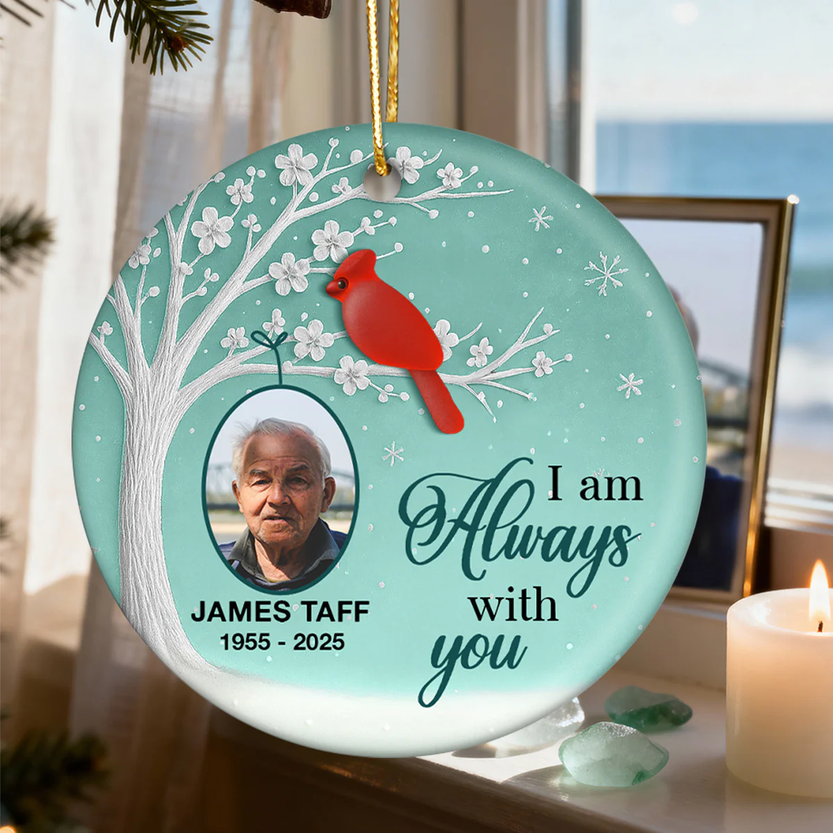 3D Sea Glass Effect Blossom Tree Cardinal Christmas Memorial Upload Photo - Personalized Ceramic Ornament - Image 6