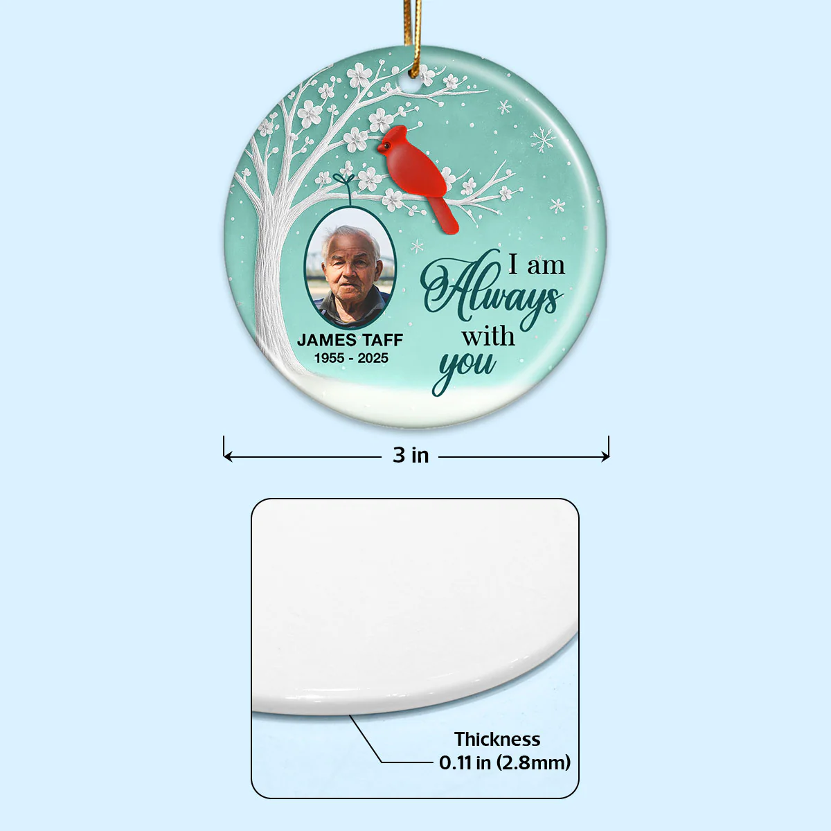 3D Sea Glass Effect Blossom Tree Cardinal Christmas Memorial Upload Photo - Personalized Ceramic Ornament - Image 7