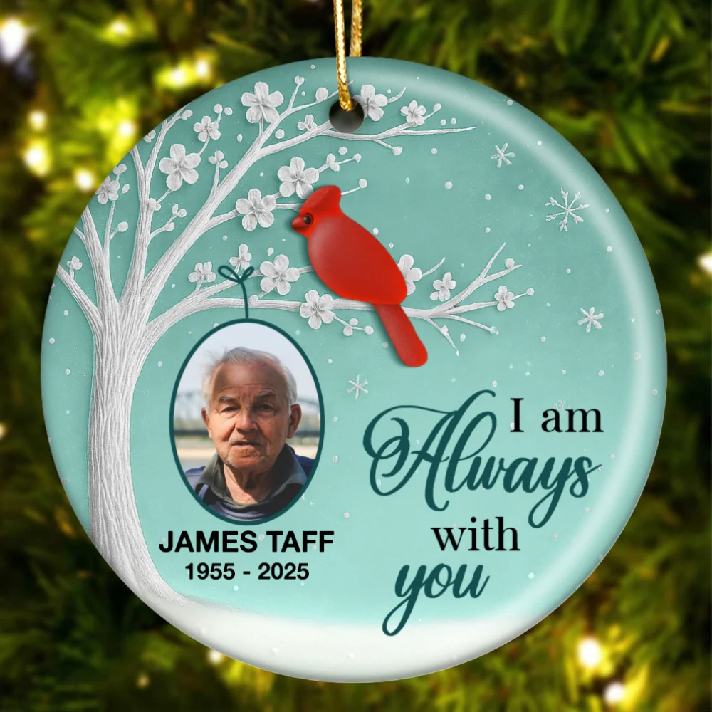 3D Sea Glass Effect Blossom Tree Cardinal Christmas Memorial Upload Photo - Personalized Ceramic Ornament - Image 9