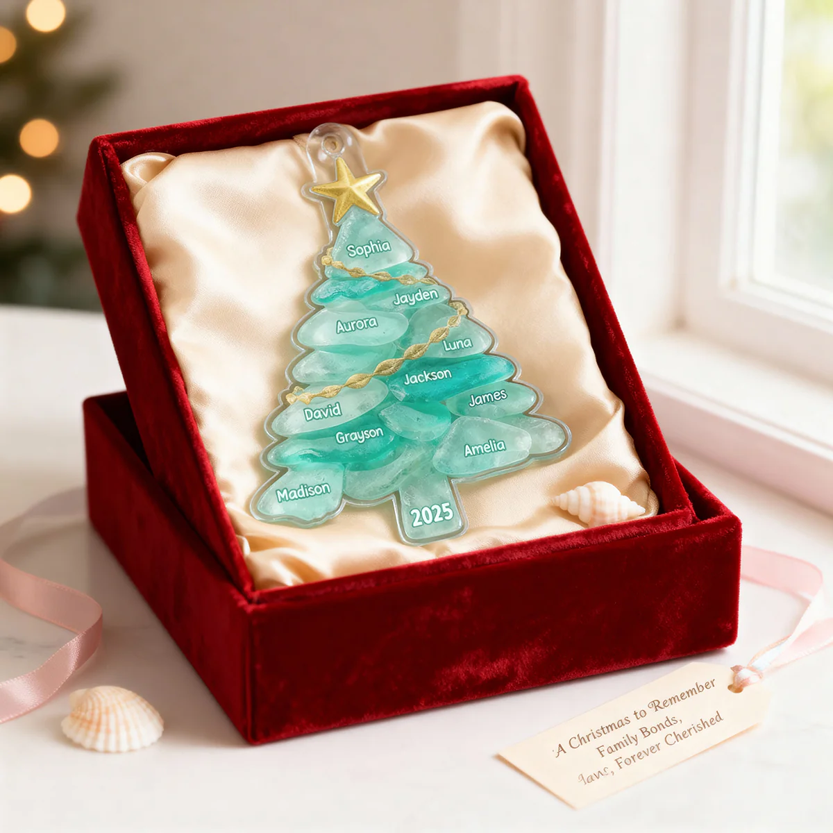3D Sea Glass Effect Christmas Tree Family Member Name - Personalized Acrylic Ornament - Coastal Vibe Christmas Gift - Image 3