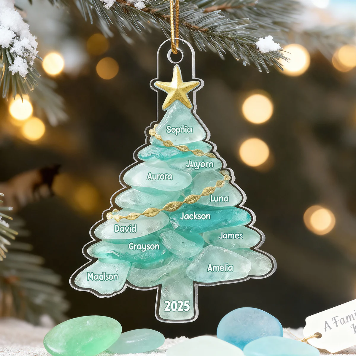 3D Sea Glass Effect Christmas Tree Family Member Name - Personalized Acrylic Ornament - Coastal Vibe Christmas Gift - Image 4