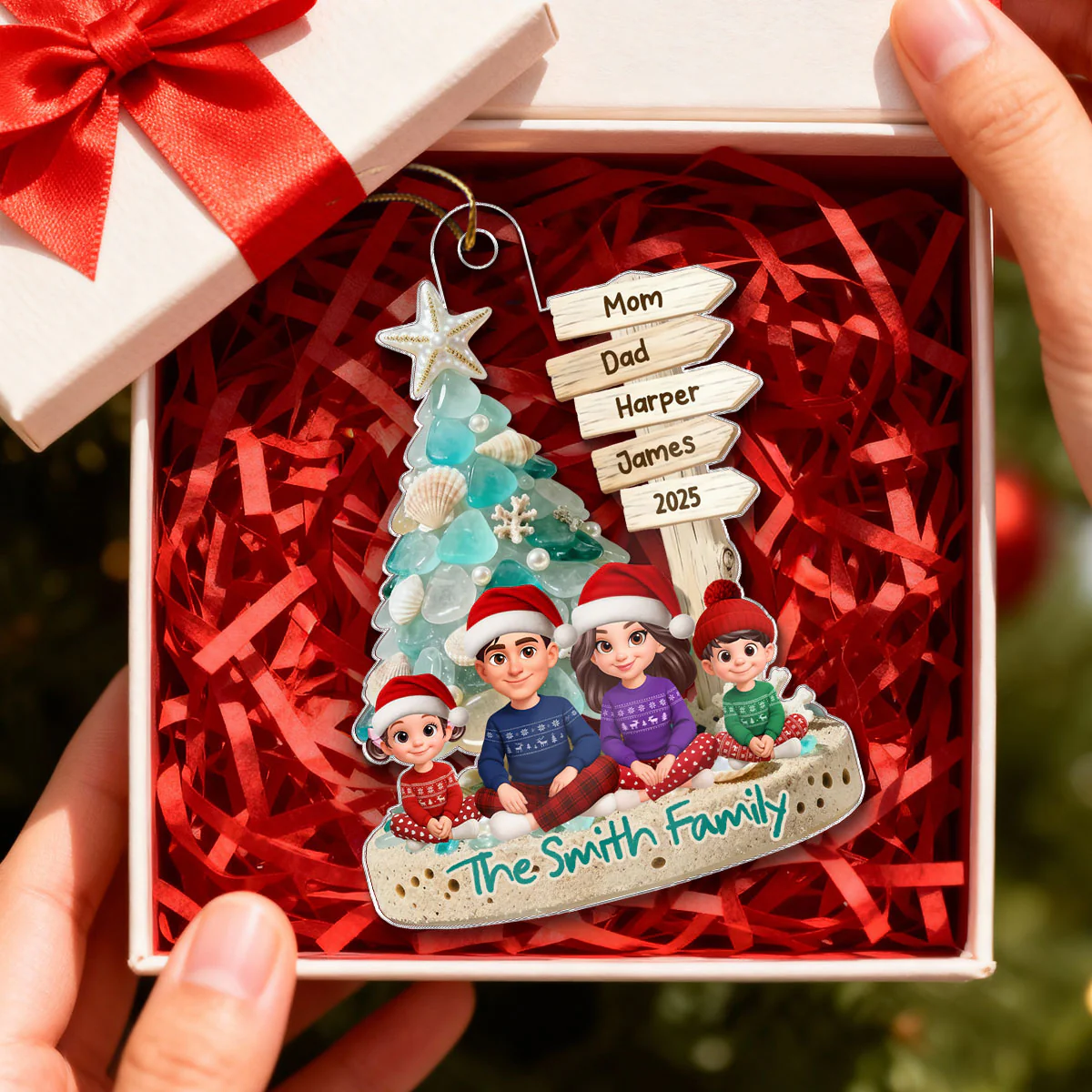 3D Sea Glass Effect Christmas Tree Sign Posts Family Together - Personalized Acrylic Ornament - Coastal Vibe Christmas Gift - Image 3