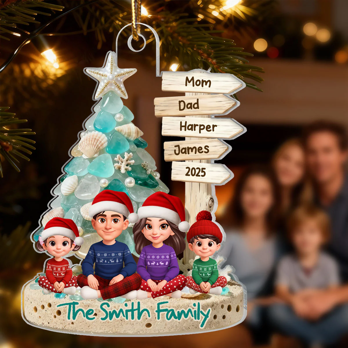 3D Sea Glass Effect Christmas Tree Sign Posts Family Together - Personalized Acrylic Ornament - Coastal Vibe Christmas Gift - Image 4