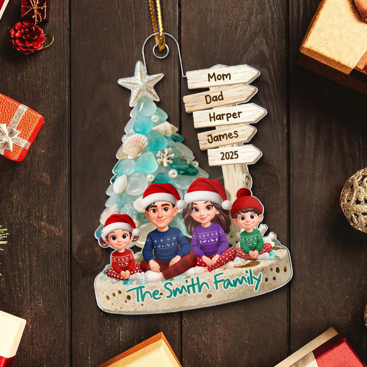 3D Sea Glass Effect Christmas Tree Sign Posts Family Together - Personalized Acrylic Ornament - Coastal Vibe Christmas Gift - Image 5
