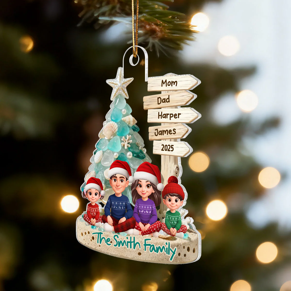 3D Sea Glass Effect Christmas Tree Sign Posts Family Together - Personalized Acrylic Ornament - Coastal Vibe Christmas Gift - Image 6