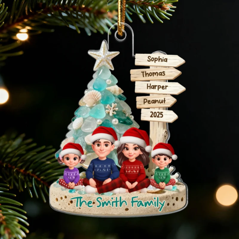 3D Sea Glass Effect Christmas Tree Sign Posts Family Together - Personalized Acrylic Ornament - Coastal Vibe Christmas Gift - Image 8