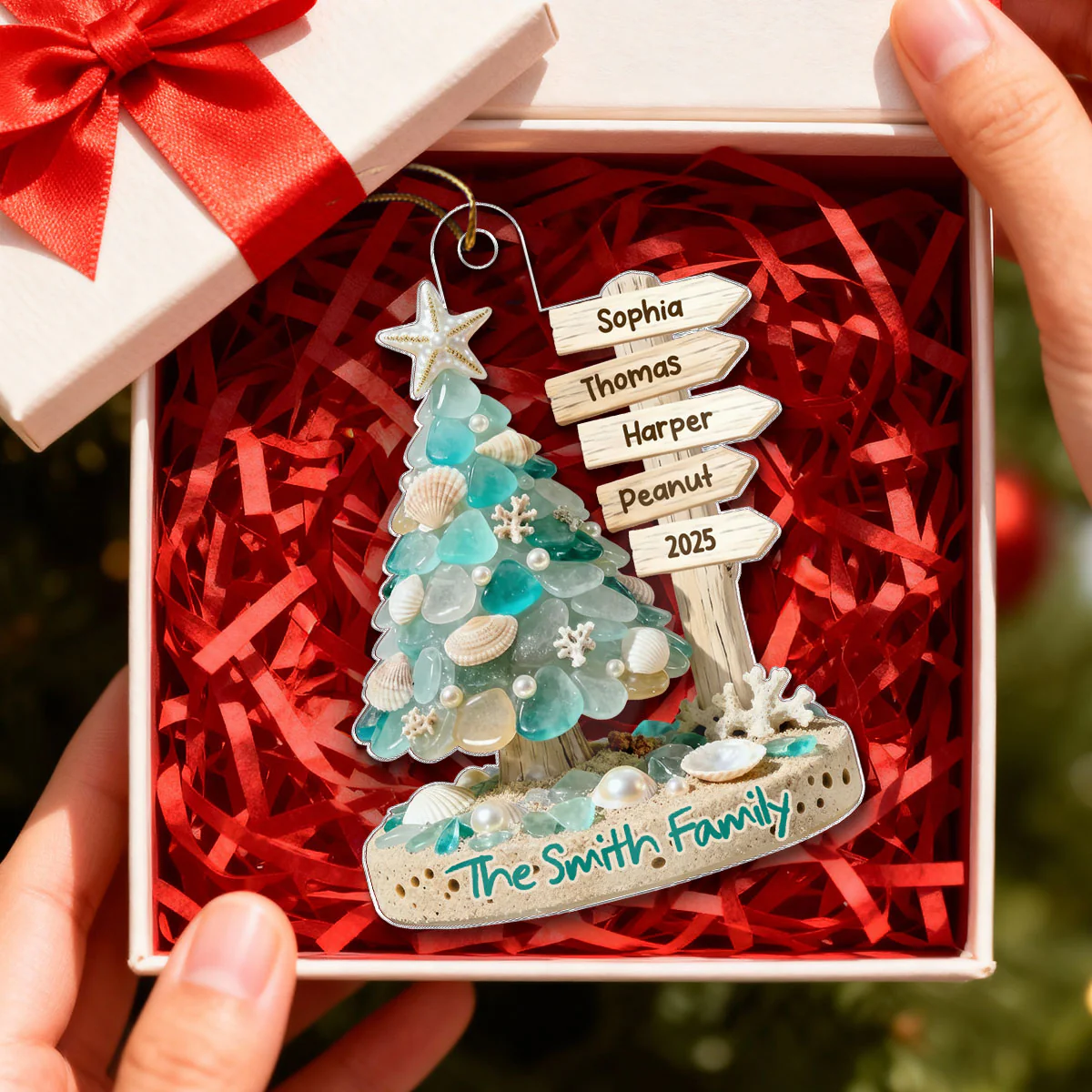 3D Sea Glass Effect Christmas Tree Sign Posts - Personalized Acrylic Ornament - Coastal Vibe Christmas Gift - Image 3