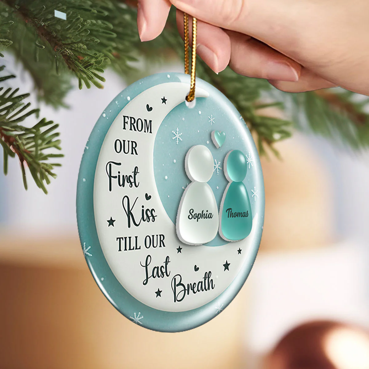 3D Sea Glass Effect Couple On Moon - Personalized Ceramic Ornament With Acrylic Pieces - Image 2