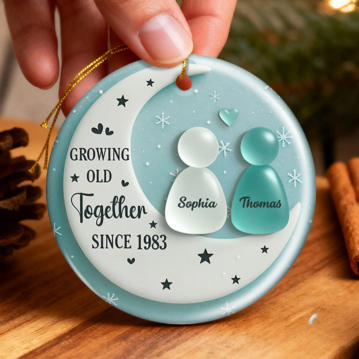 3D Sea Glass Effect Couple On Moon - Personalized Ceramic Ornament With Acrylic Pieces - Image 3