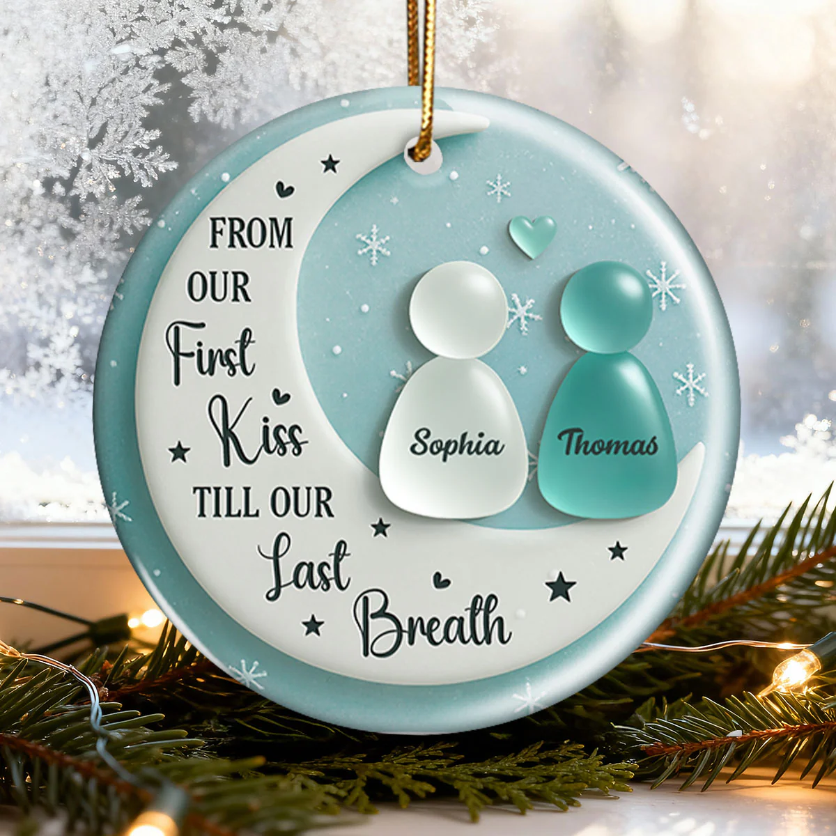3D Sea Glass Effect Couple On Moon - Personalized Ceramic Ornament With Acrylic Pieces - Image 6