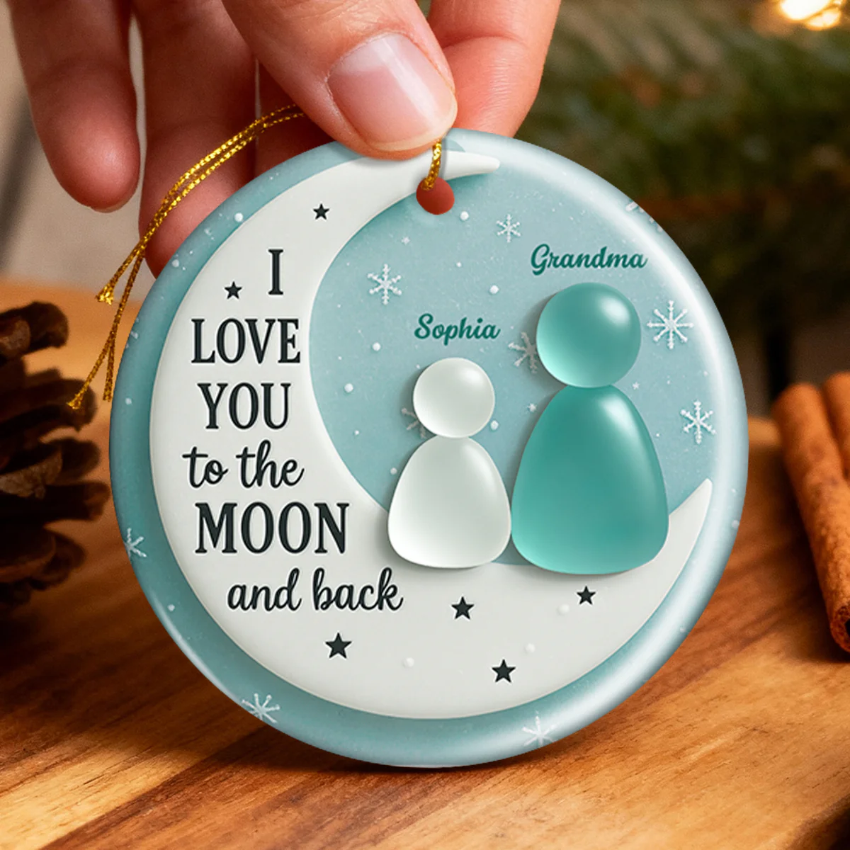 3D Sea Glass Effect Grandma And Grandkid On Moon - Personalized Ceramic Ornament With Acrylic Pieces - Image 5