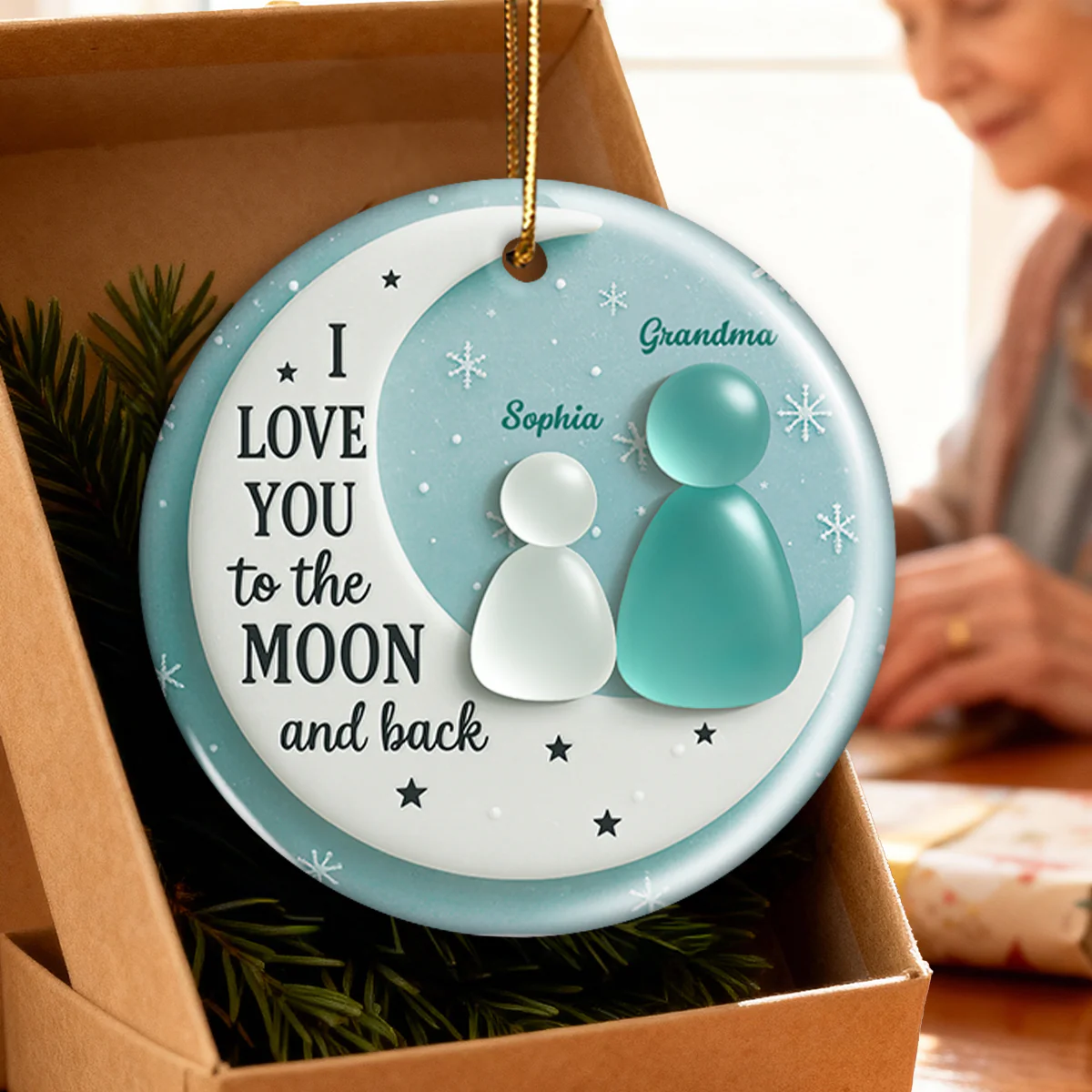 3D Sea Glass Effect Grandma And Grandkid On Moon - Personalized Ceramic Ornament With Acrylic Pieces - Image 6