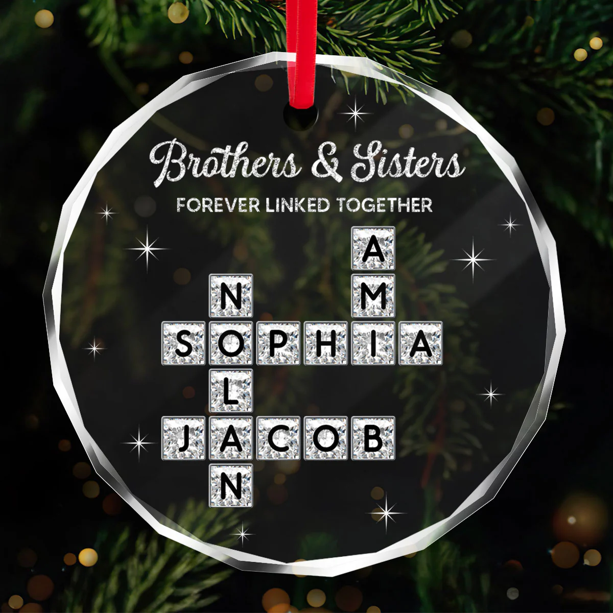 3D Shining Effect Brothers Sisters Crossword Puzzle Art - Personalized Glass Ornament - Christmas Gift For Siblings, Brothers, Sisters