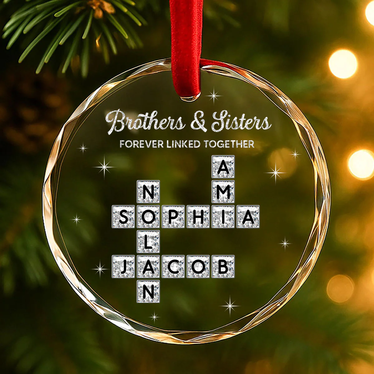 3D Shining Effect Brothers Sisters Crossword Puzzle Art - Personalized Glass Ornament - Christmas Gift For Siblings, Brothers, Sisters - Image 2