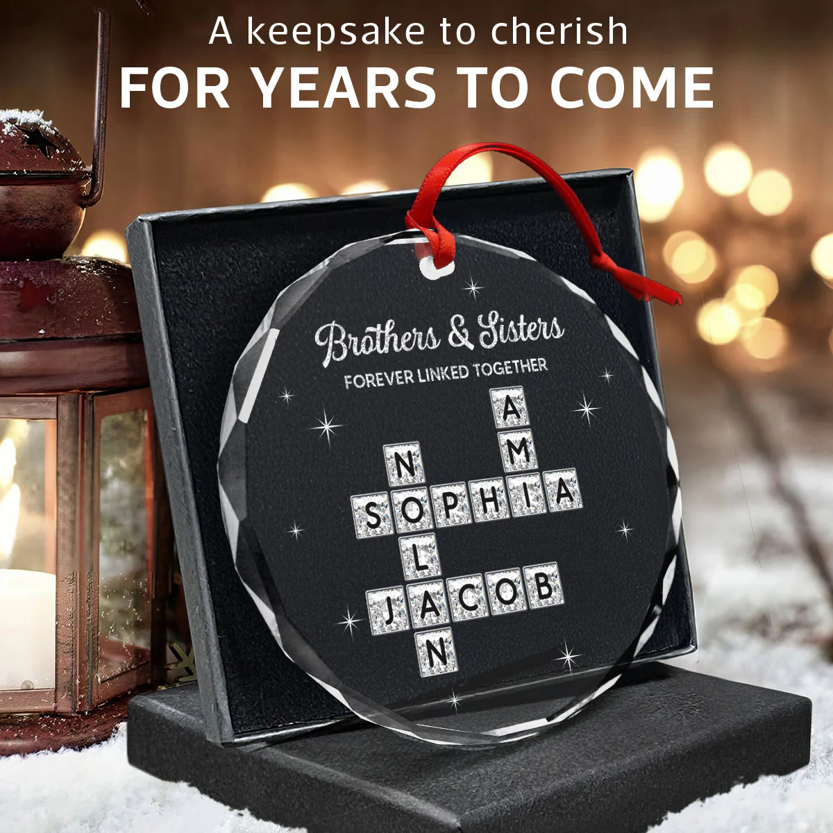 3D Shining Effect Brothers Sisters Crossword Puzzle Art - Personalized Glass Ornament - Christmas Gift For Siblings, Brothers, Sisters - Image 3