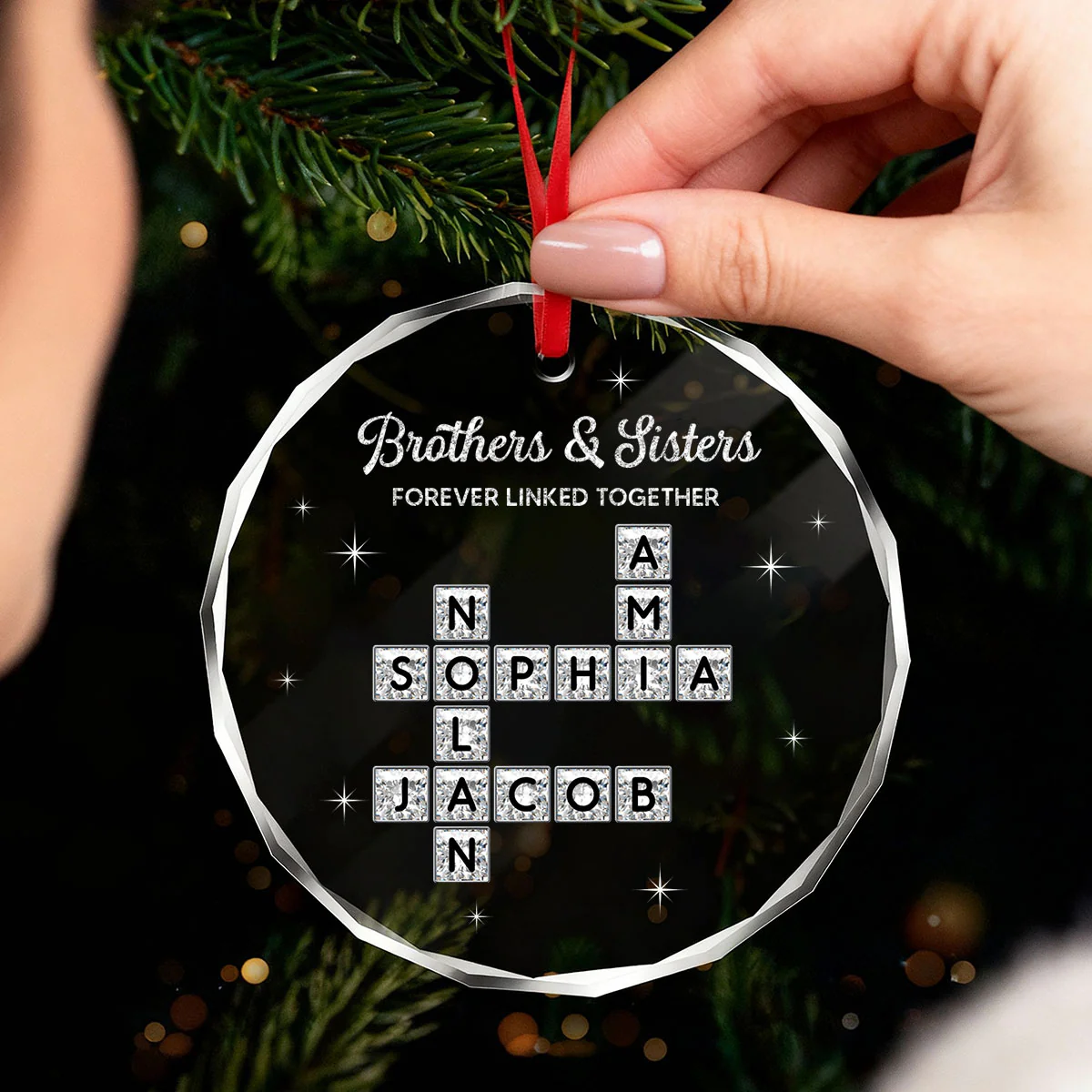 3D Shining Effect Brothers Sisters Crossword Puzzle Art - Personalized Glass Ornament - Christmas Gift For Siblings, Brothers, Sisters - Image 4