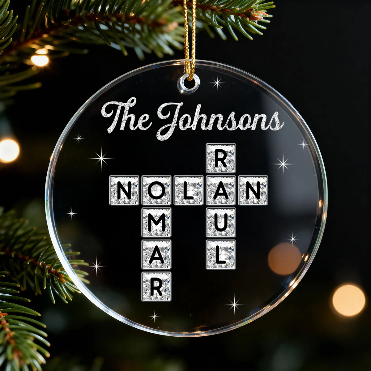 3D Shining Effect The Family Crossword Puzzle Art - Personalized Acrylic Ornament - Christmas Gift For Family, Matching Ornaments For Family