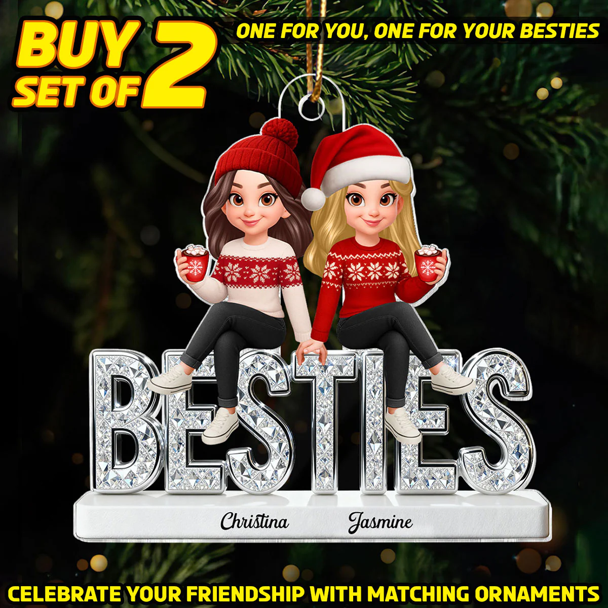 3D Shinning Effect Besties - Personalized Acrylic Car Hanger - Heartwarming Gift For Best Friends, Matching Group Ornaments - Image 6