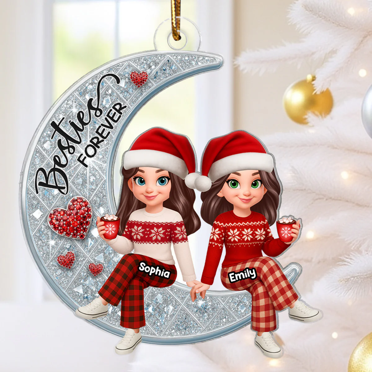 3D Shinning Effect Besties Forever On Moon - Personalized Acrylic Ornament - Image 3