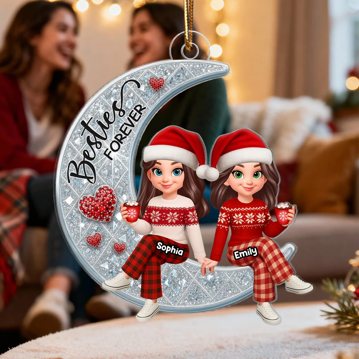 3D Shinning Effect Besties Forever On Moon - Personalized Acrylic Ornament - Image 4