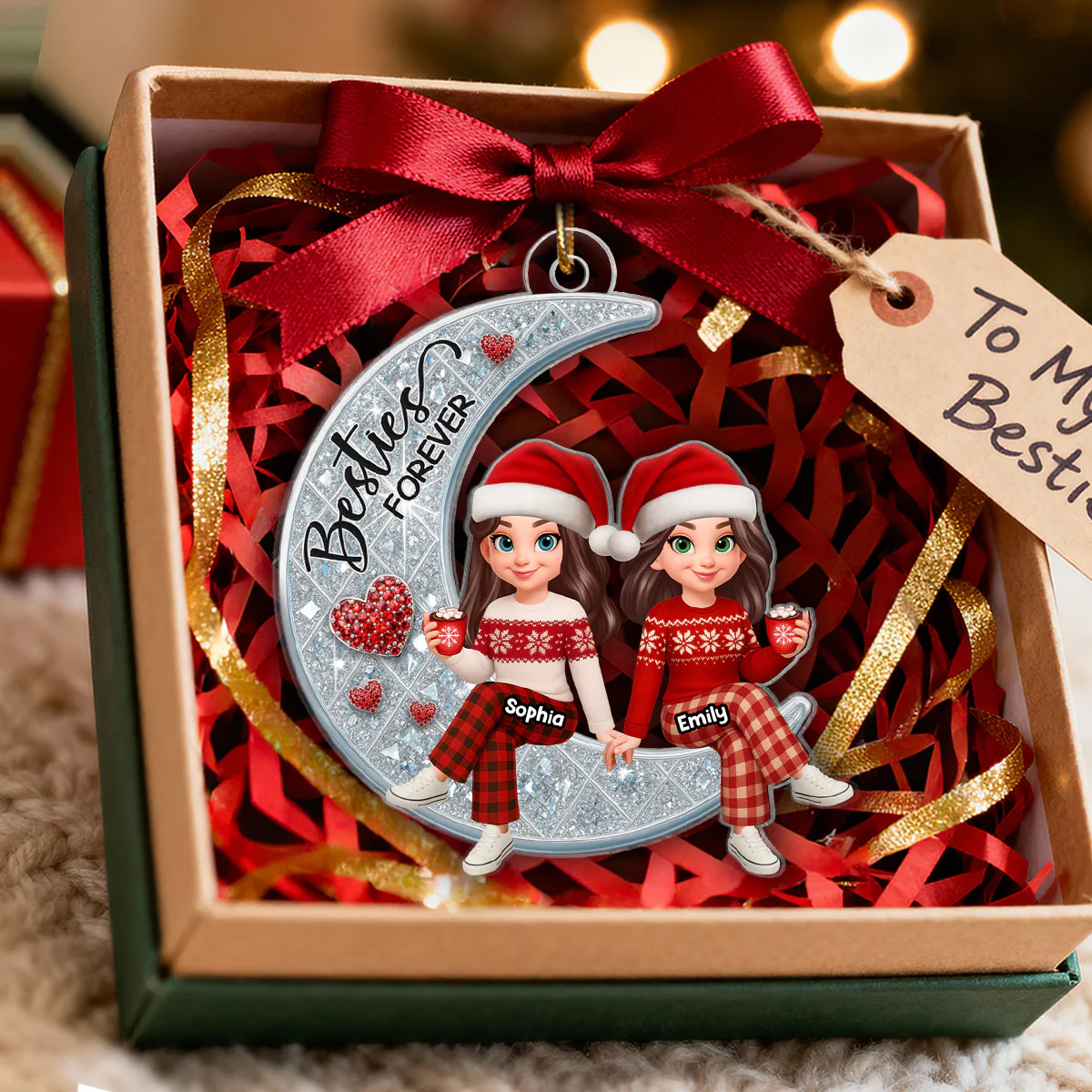 3D Shinning Effect Besties Forever On Moon - Personalized Acrylic Ornament - Image 5