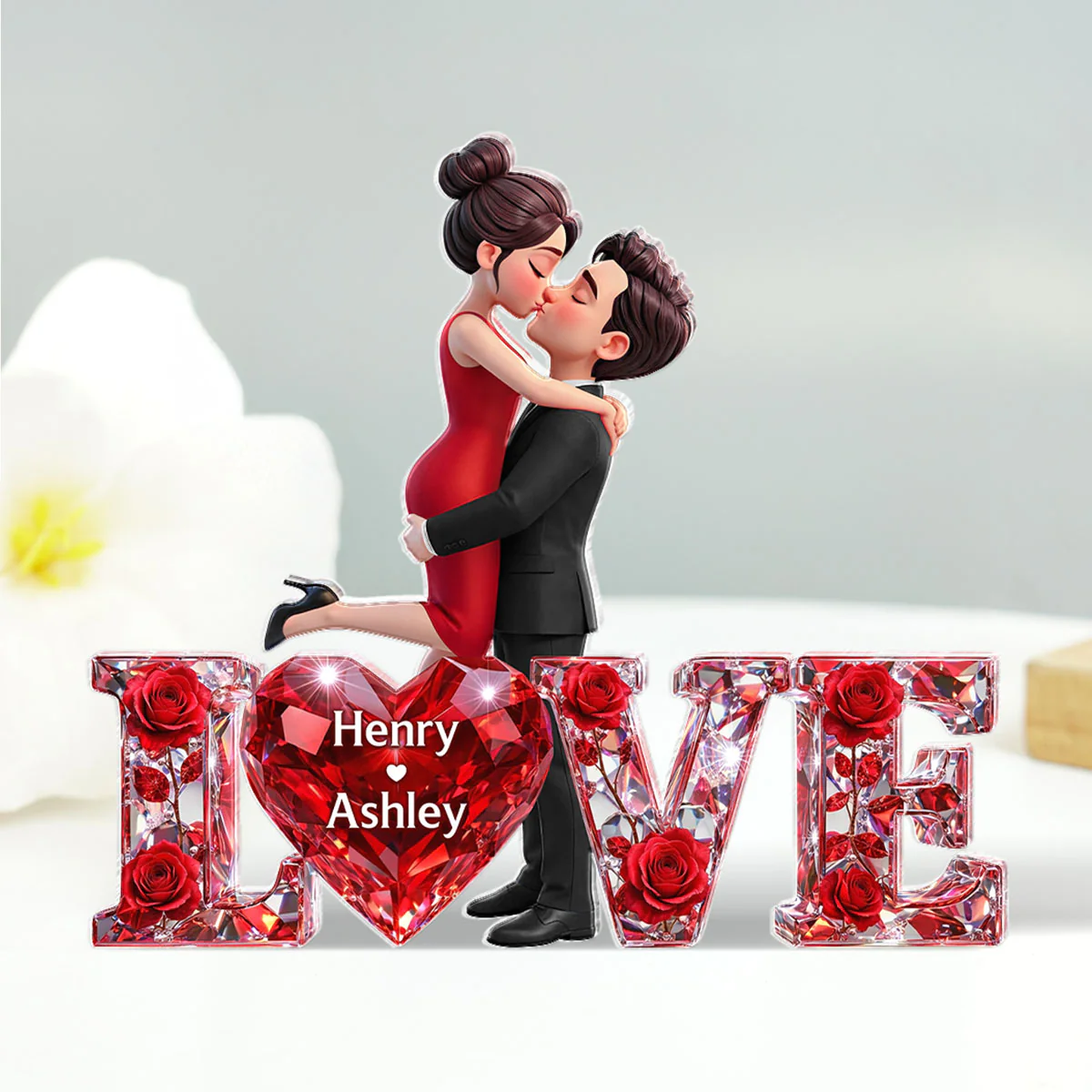 3D Shiny Rose Love Couple - Personalized Acrylic Block Plaque - Heartfelt Valentine's Day Gift For Him, Gift For Her - Image 2