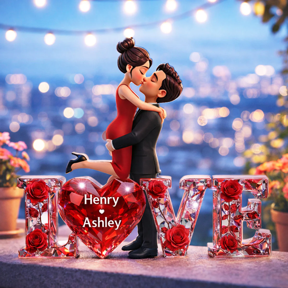 3D Shiny Rose Love Couple - Personalized Acrylic Block Plaque - Heartfelt Valentine's Day Gift For Him, Gift For Her - Image 3