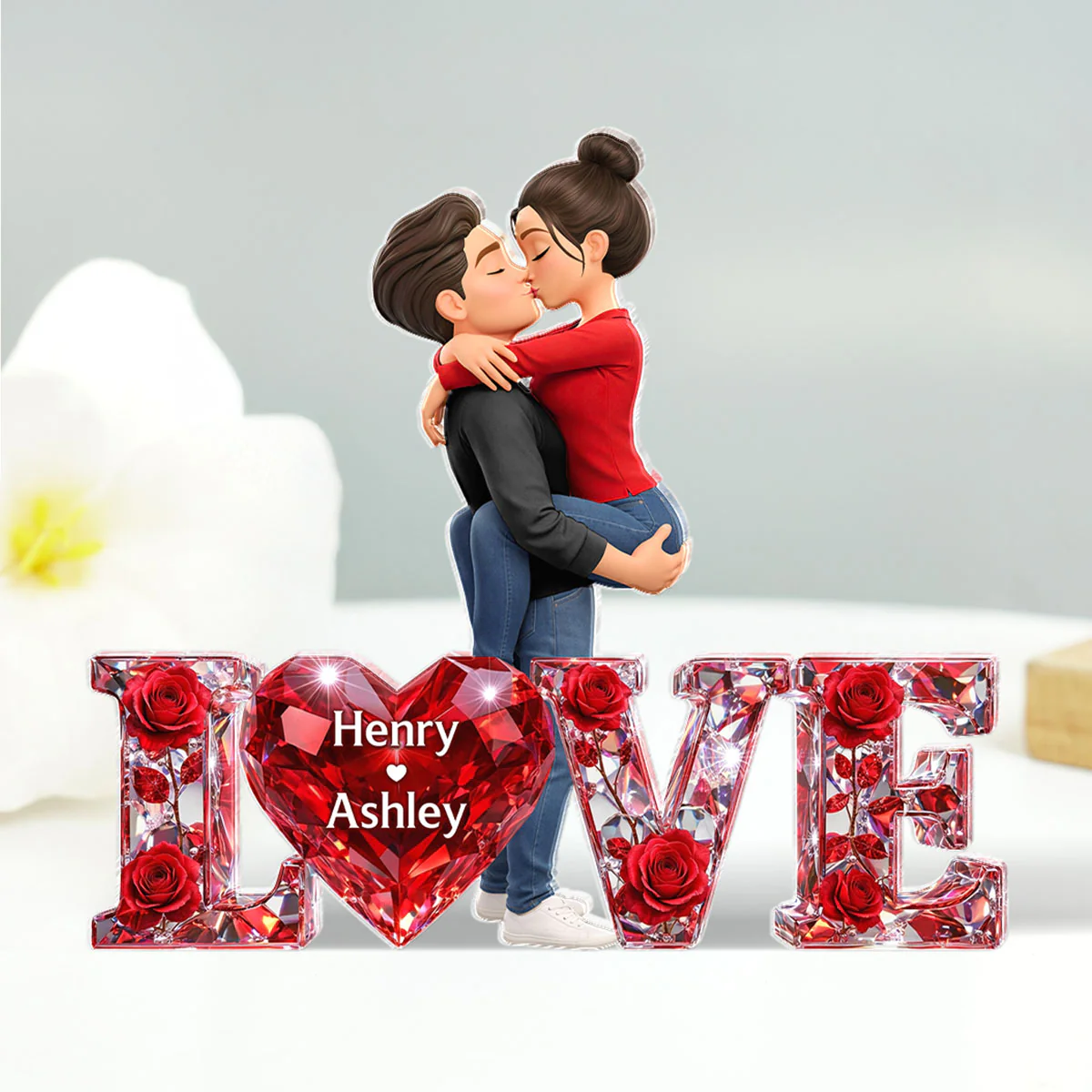 3D Shiny Rose Love Kissing Couple - Personalized Acrylic Block Plaque - Heartfelt Valentine's Day Gift For Him, Gift For Her