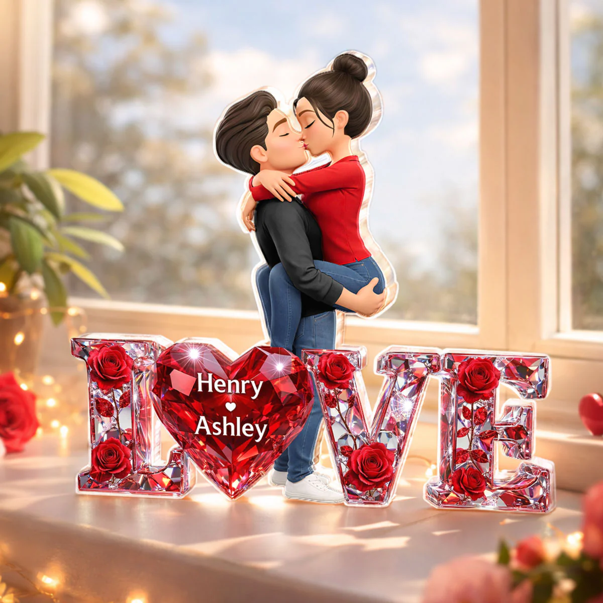 3D Shiny Rose Love Kissing Couple - Personalized Acrylic Block Plaque - Heartfelt Valentine's Day Gift For Him, Gift For Her - Image 2