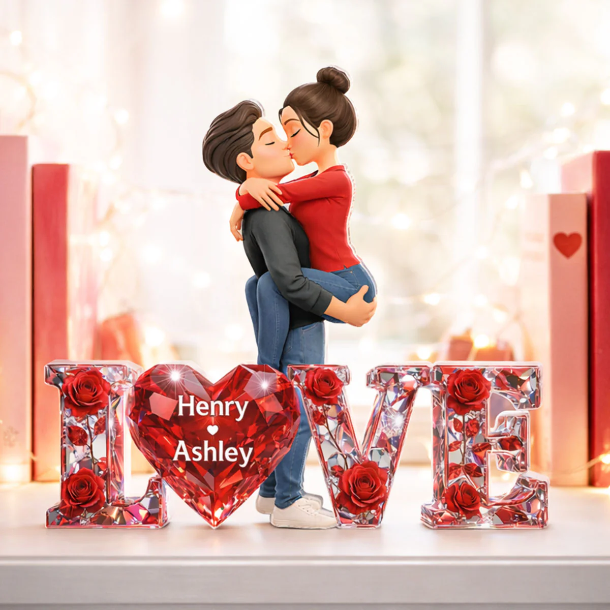 3D Shiny Rose Love Kissing Couple - Personalized Acrylic Block Plaque - Heartfelt Valentine's Day Gift For Him, Gift For Her - Image 3